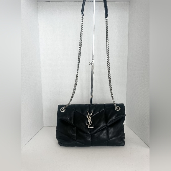 SAINT LAURENT Lambskin Quilted Toy Loulou Puffer Monogram Chain Satchel Black - Picture 1 of 13